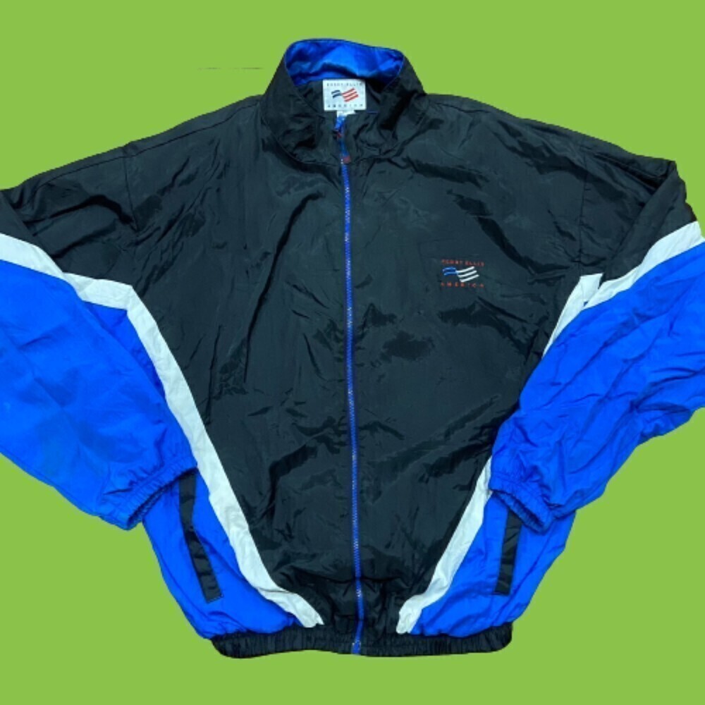 Perry Ellis Vintage Color Block Windbreaker Full Zip Black Blue White Men's XXL